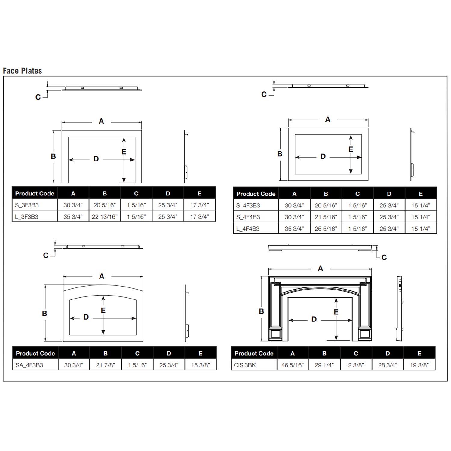 Faceplate sizing diagram with product codes and dimension arrows
