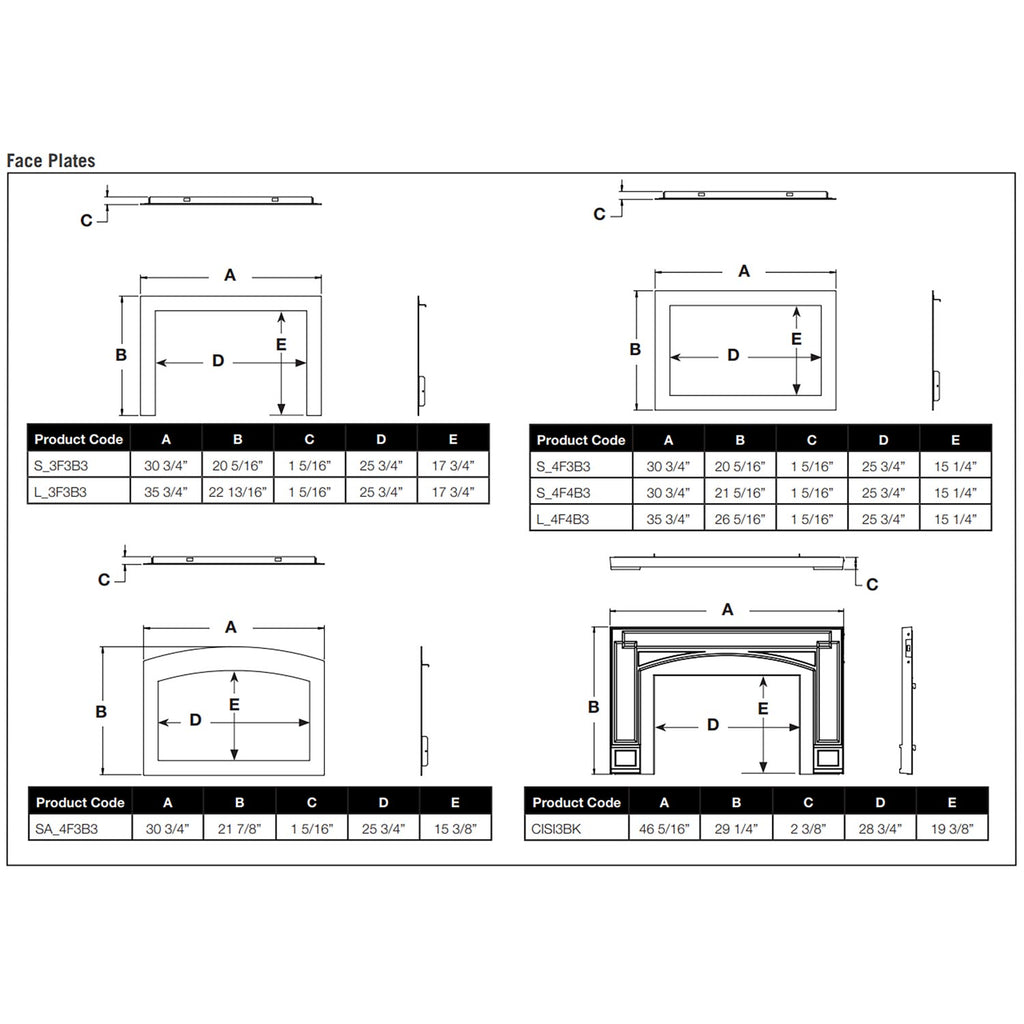 Faceplate and opening dimension drawings for multiple product codes