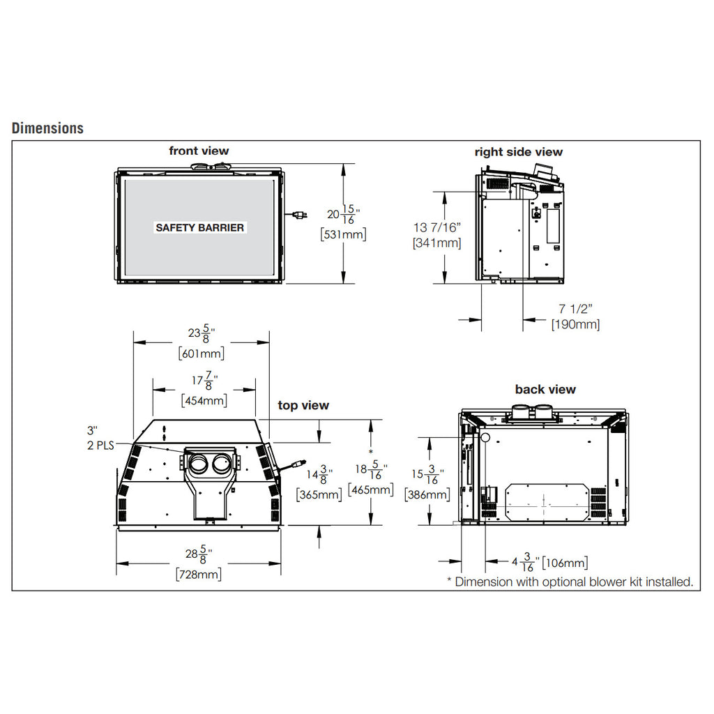 Fireplace insert dimensions diagram with front, side, top, and back view measurements