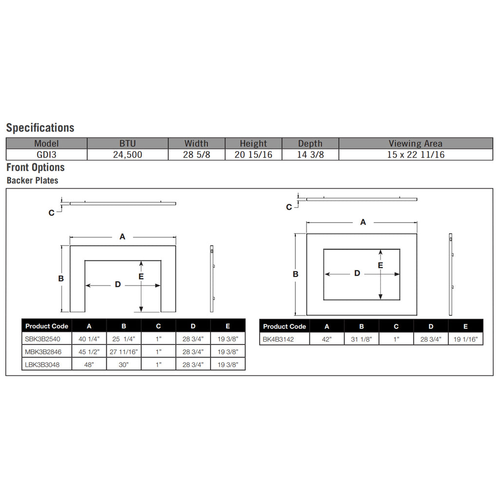 Technical specifications chart with dimensions for direct vent gas fireplace insert
