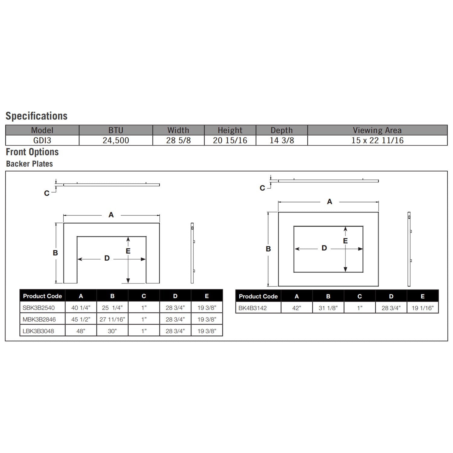 Technical specifications chart with dimensions for direct vent gas fireplace insert