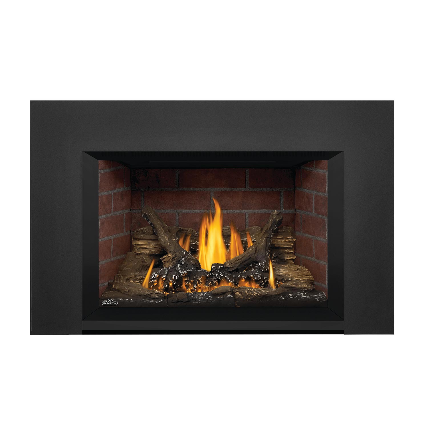Gas fireplace insert with dark charcoal trim, brick interior, burning flames, and log set.