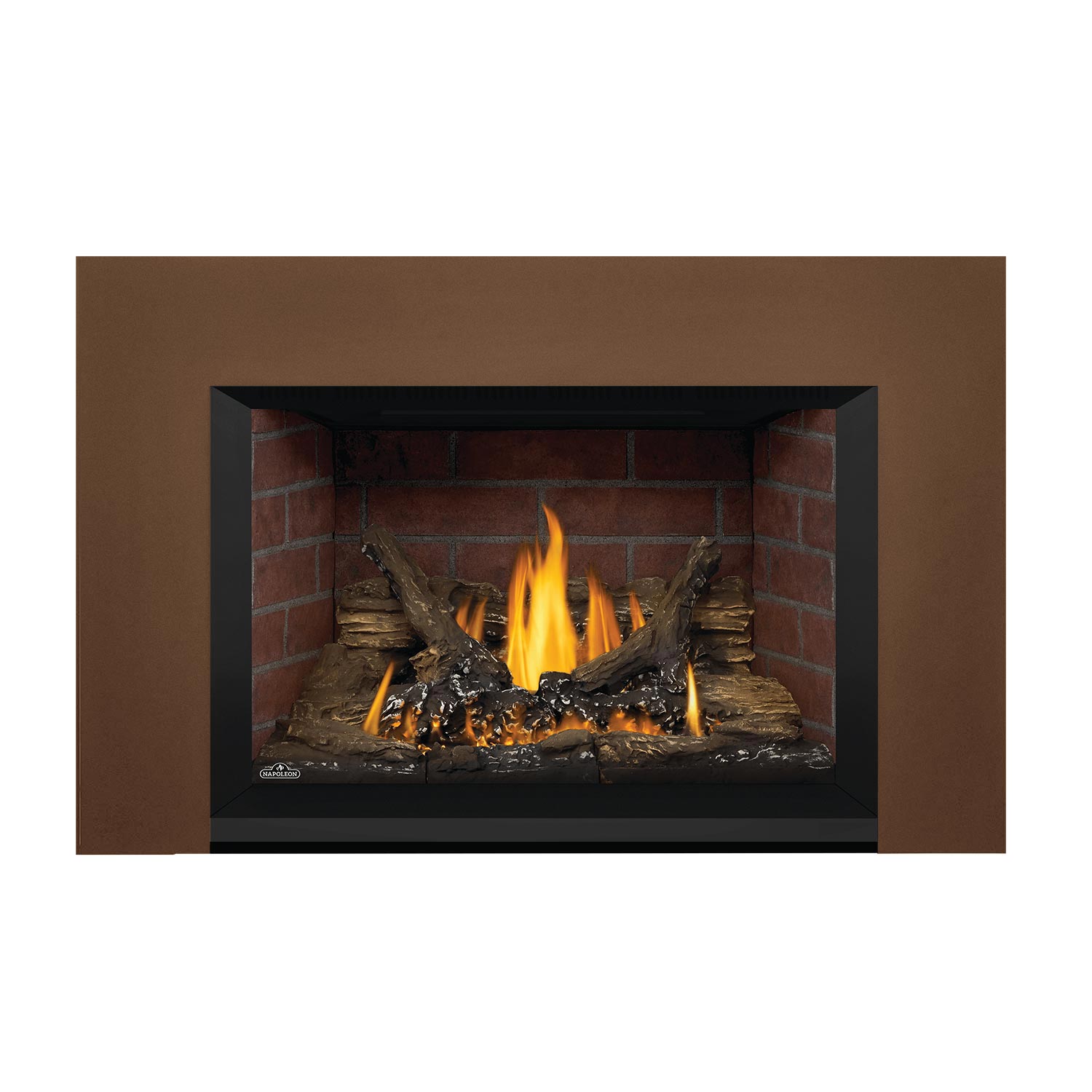 Direct vent gas fireplace insert with dark wood surround and burning flames