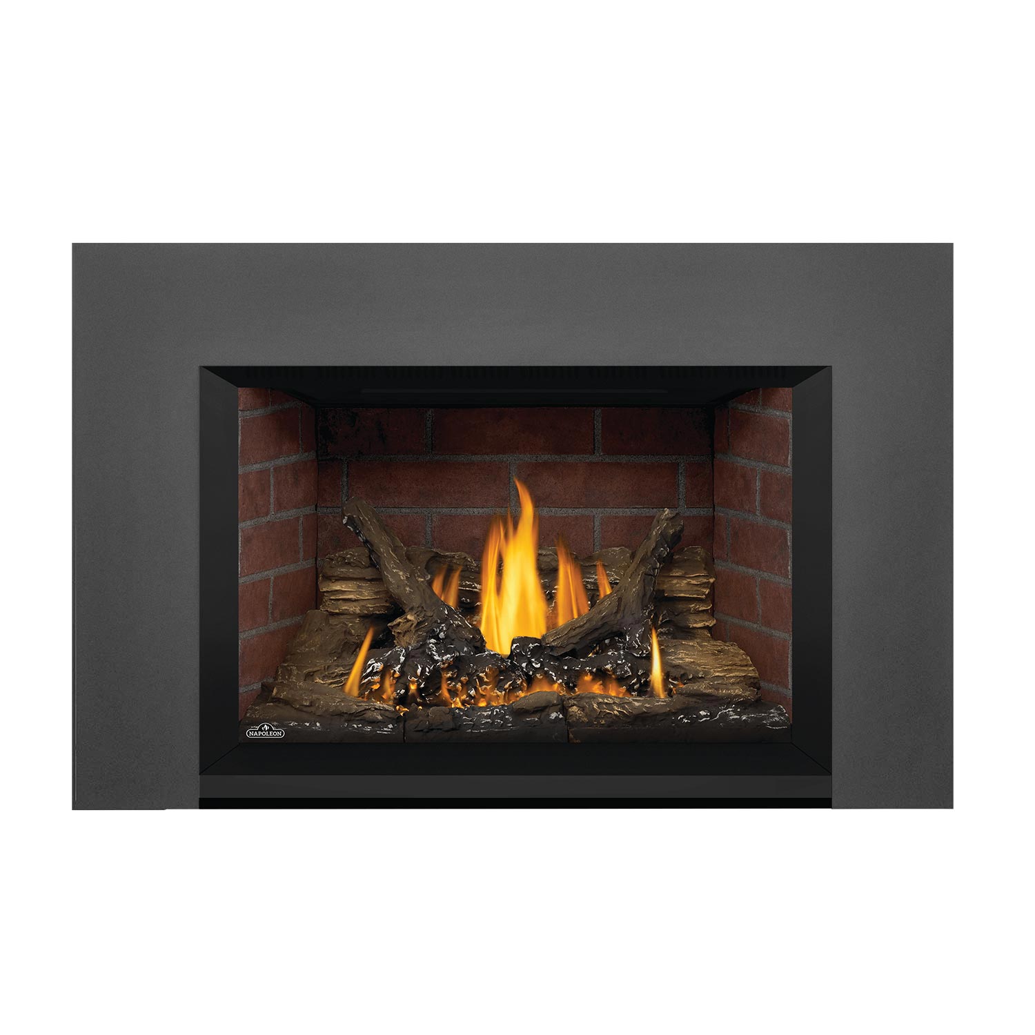 Gas fireplace insert with charcoal trim, brick interior, burning flames, and log set.