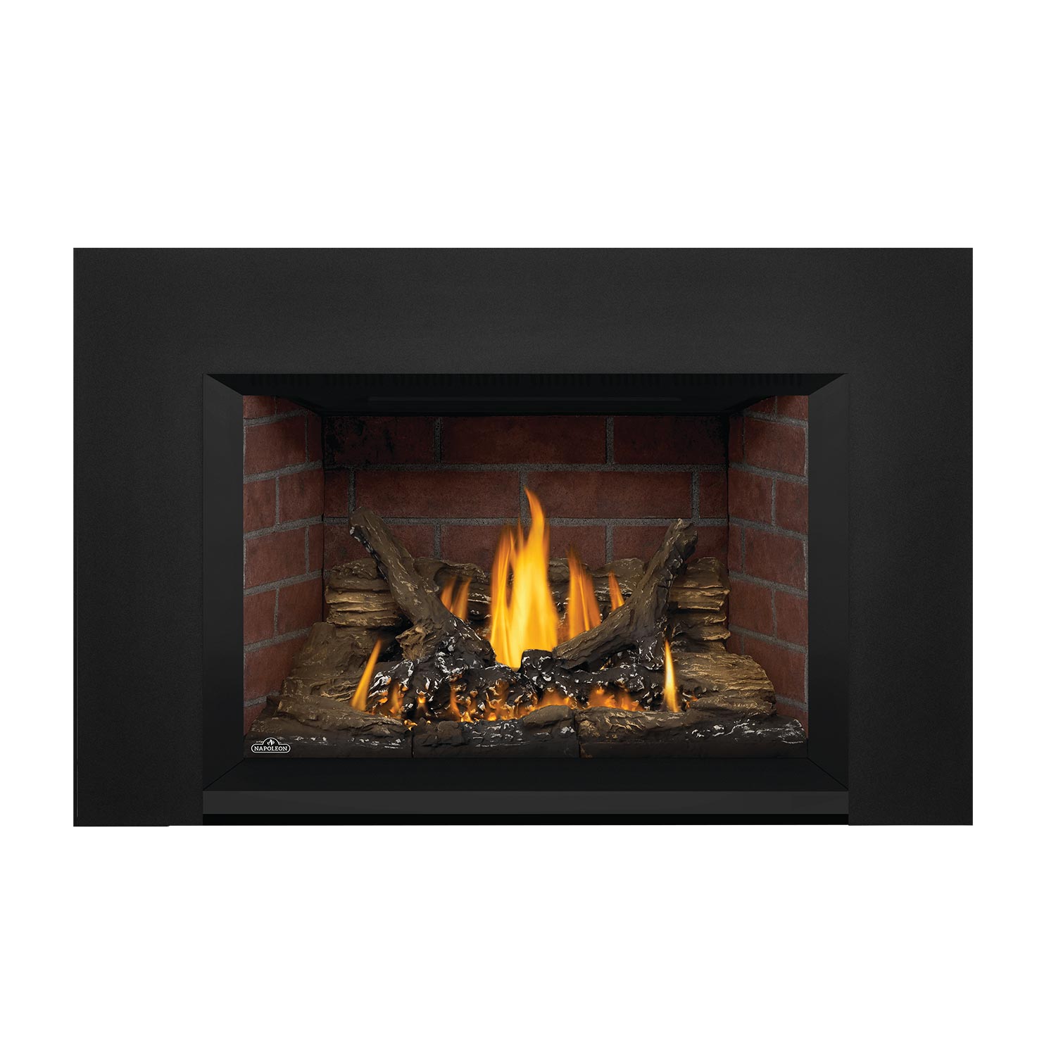 Napoleon direct vent gas fireplace insert with black surround, brick interior and bright flames