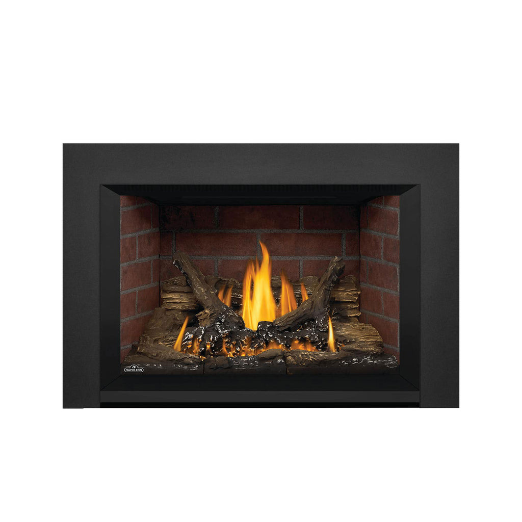 Direct vent gas fireplace insert with matte black surround and flames