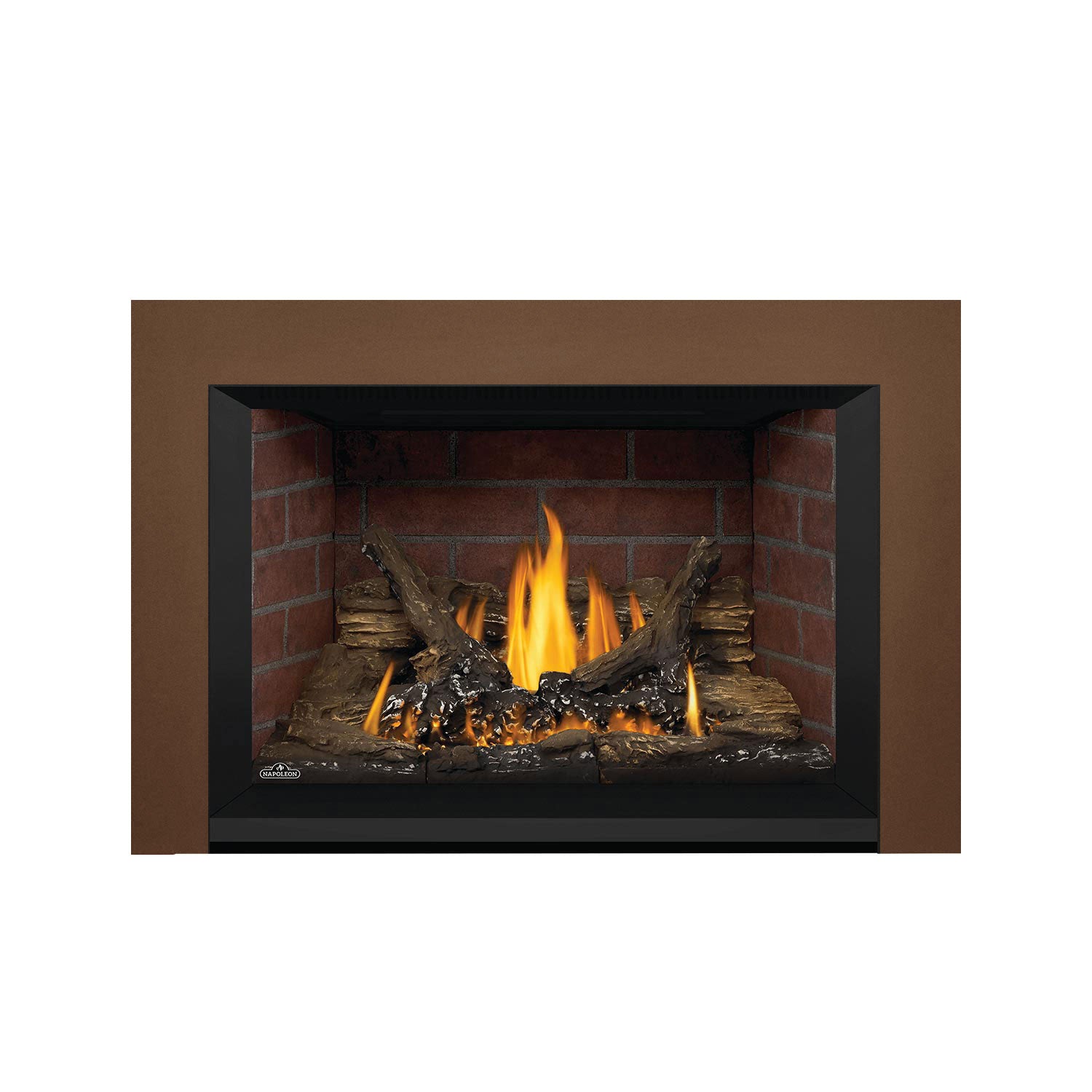 Direct vent gas fireplace insert with wood-toned surround and centered burning firebox