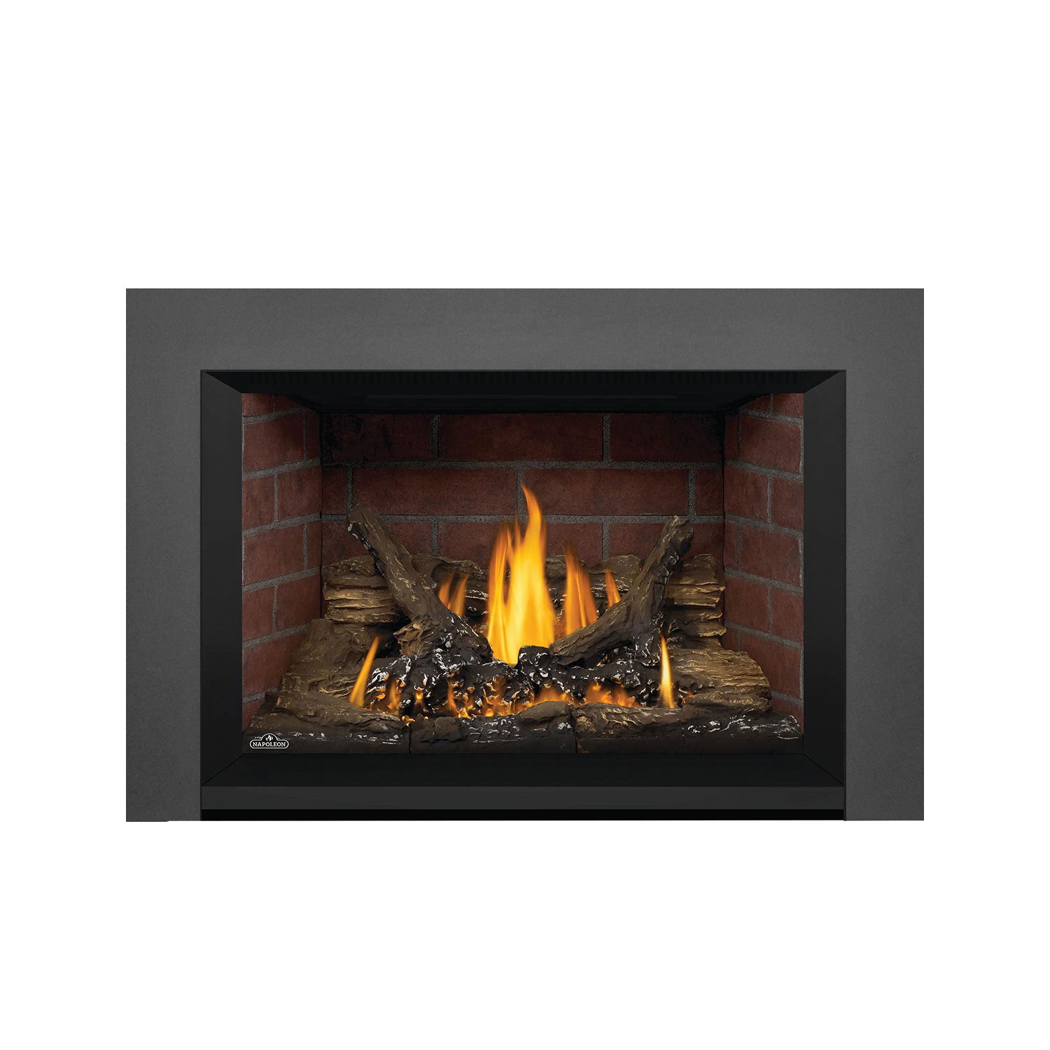 Direct vent gas fireplace insert with charcoal gray surround and burning flames