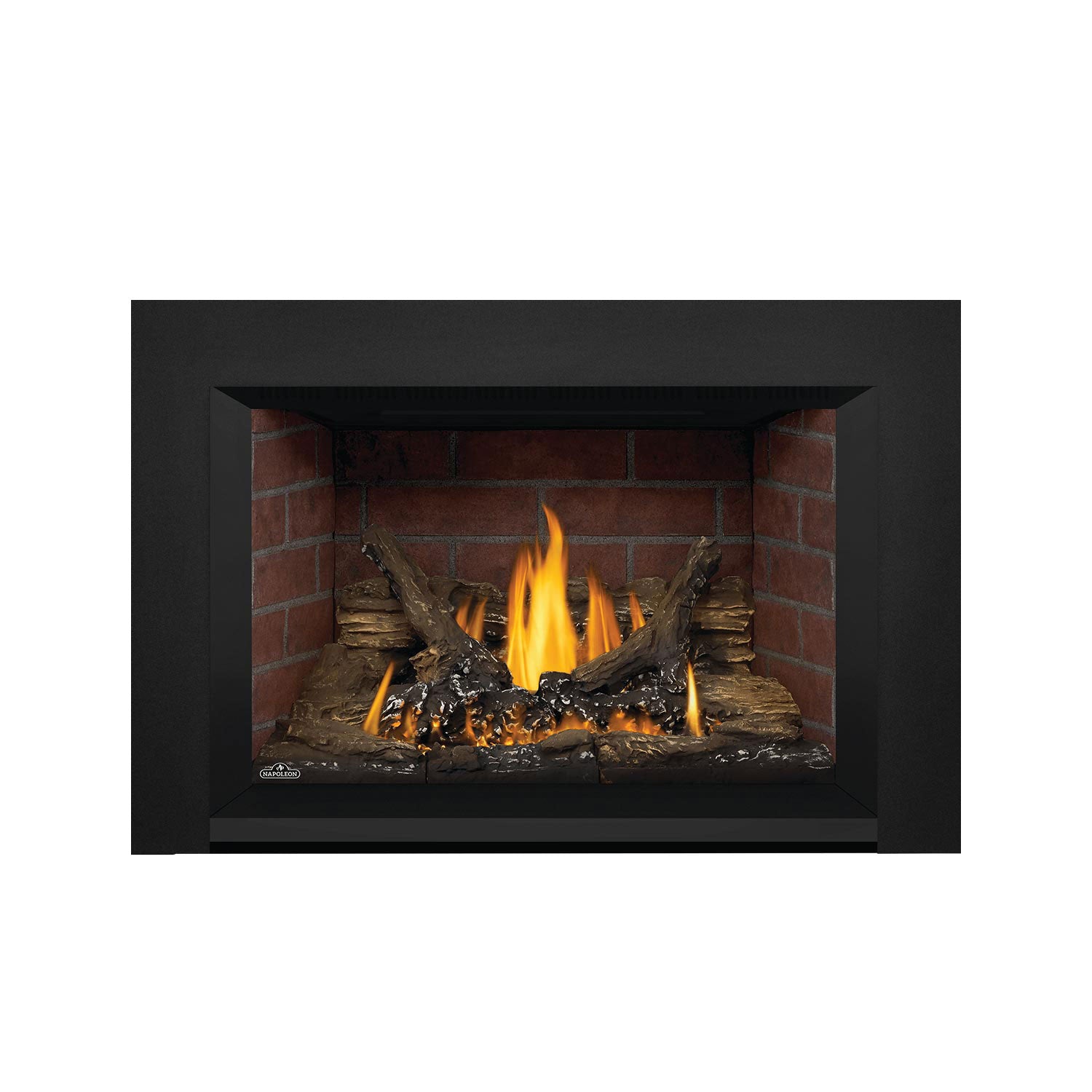 Napoleon direct vent gas fireplace insert with black surround, brick interior, glowing logs
