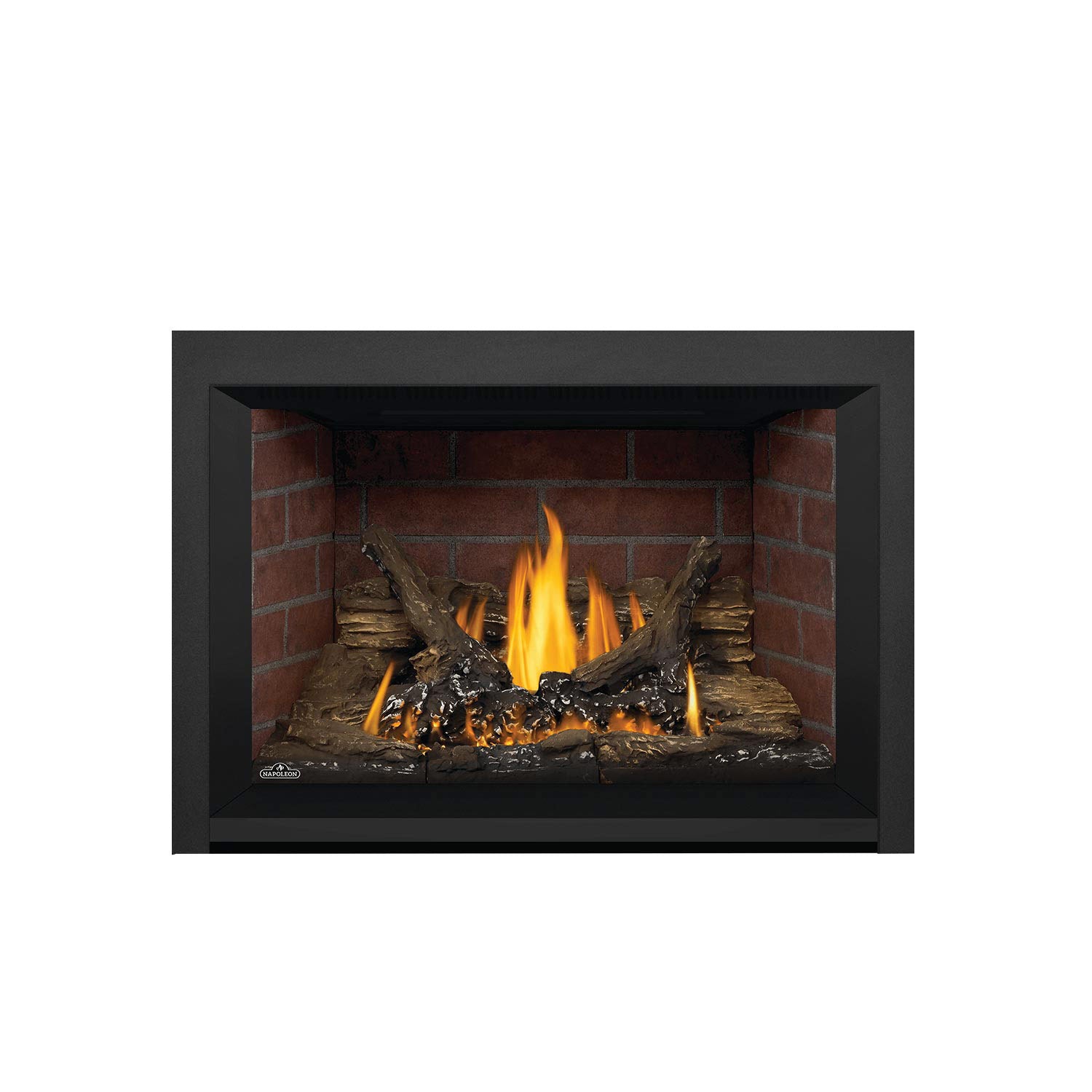 Gas fireplace insert with black trim, brick interior, burning flames, and log set.