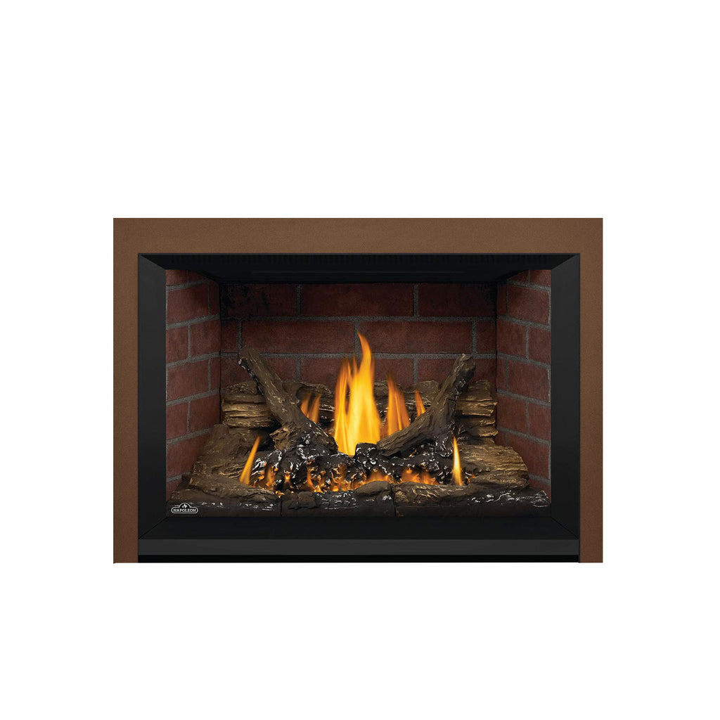 Napoleon direct vent gas fireplace insert with brown surround, brick interior, flames on logs