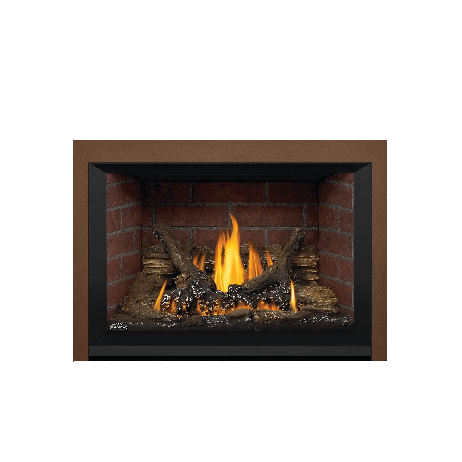 Napoleon direct vent gas fireplace insert with brown surround, brick interior, flames on logs