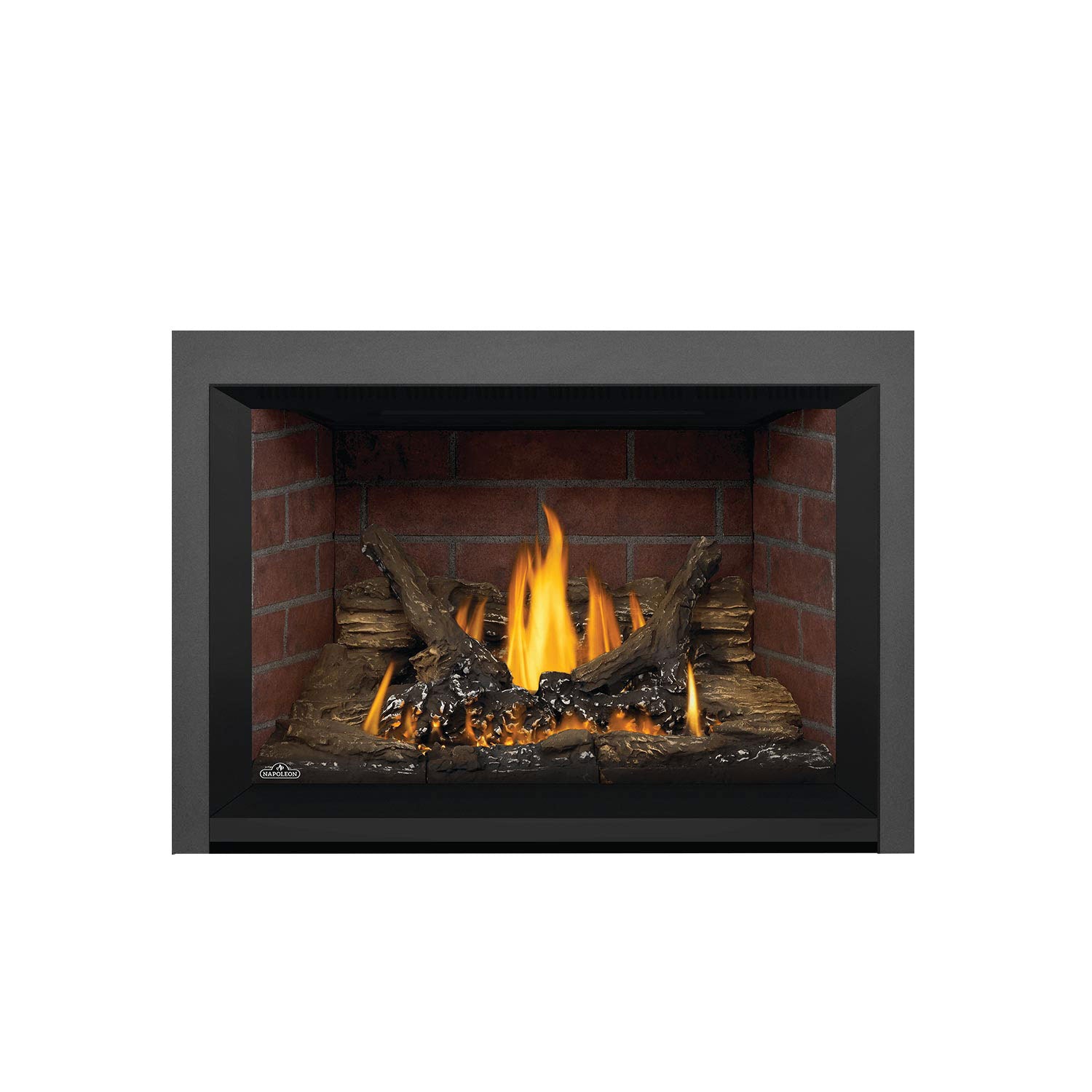 Gas fireplace insert with dark gray trim, brick interior, burning flames, and log set.
