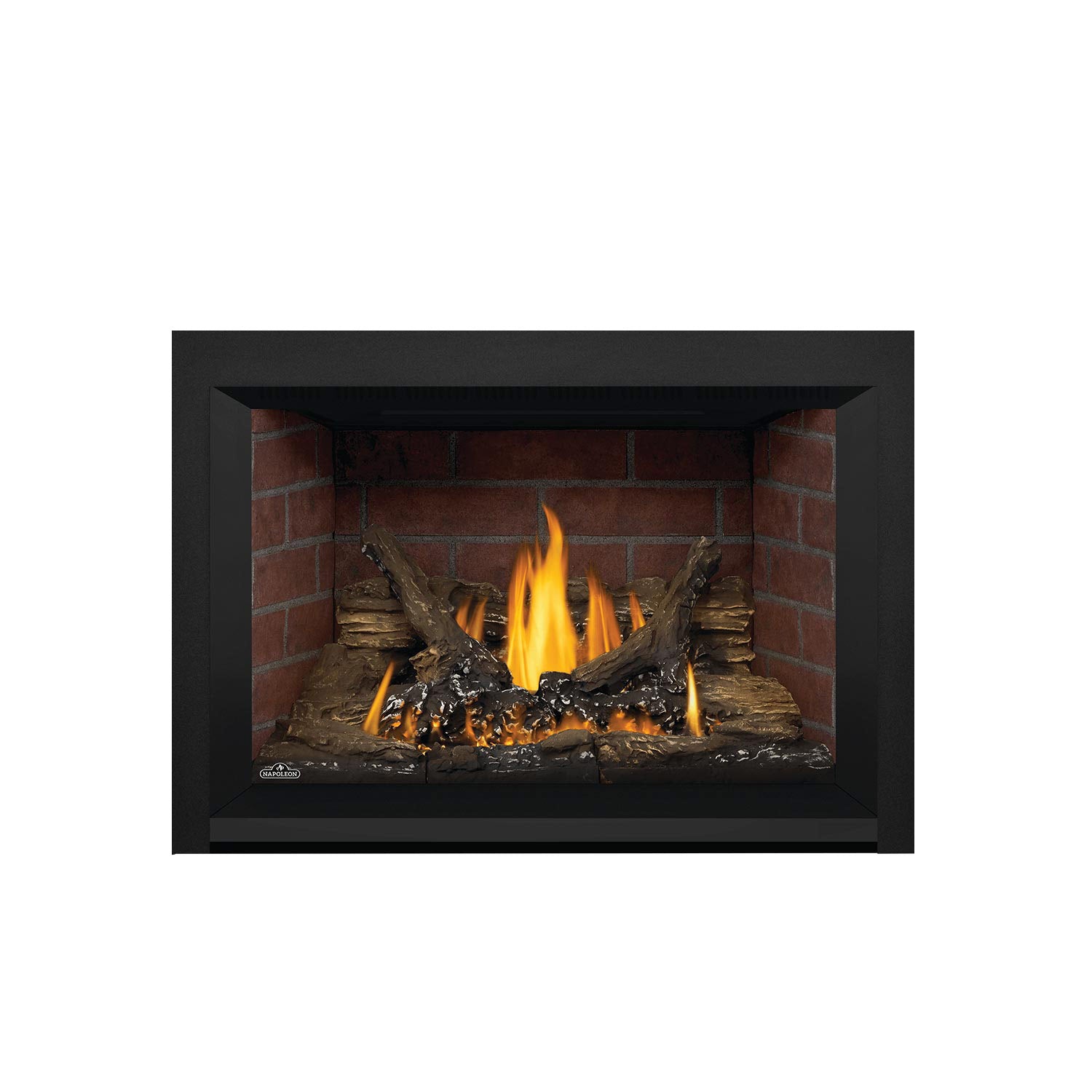 Napoleon direct vent gas fireplace insert with black surround, brick interior, flames and logs