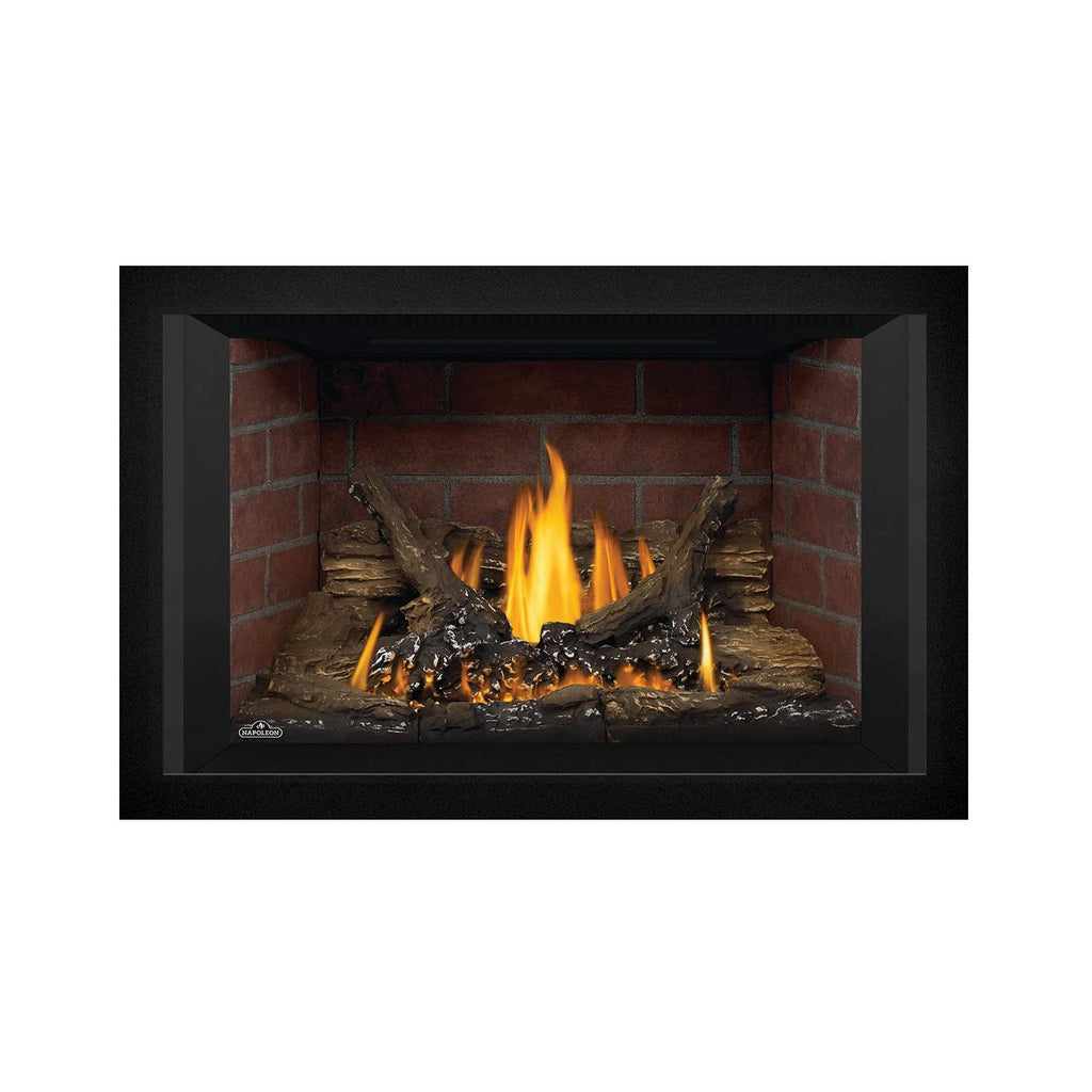 Direct vent gas fireplace insert with black surround and bright flames in firebox