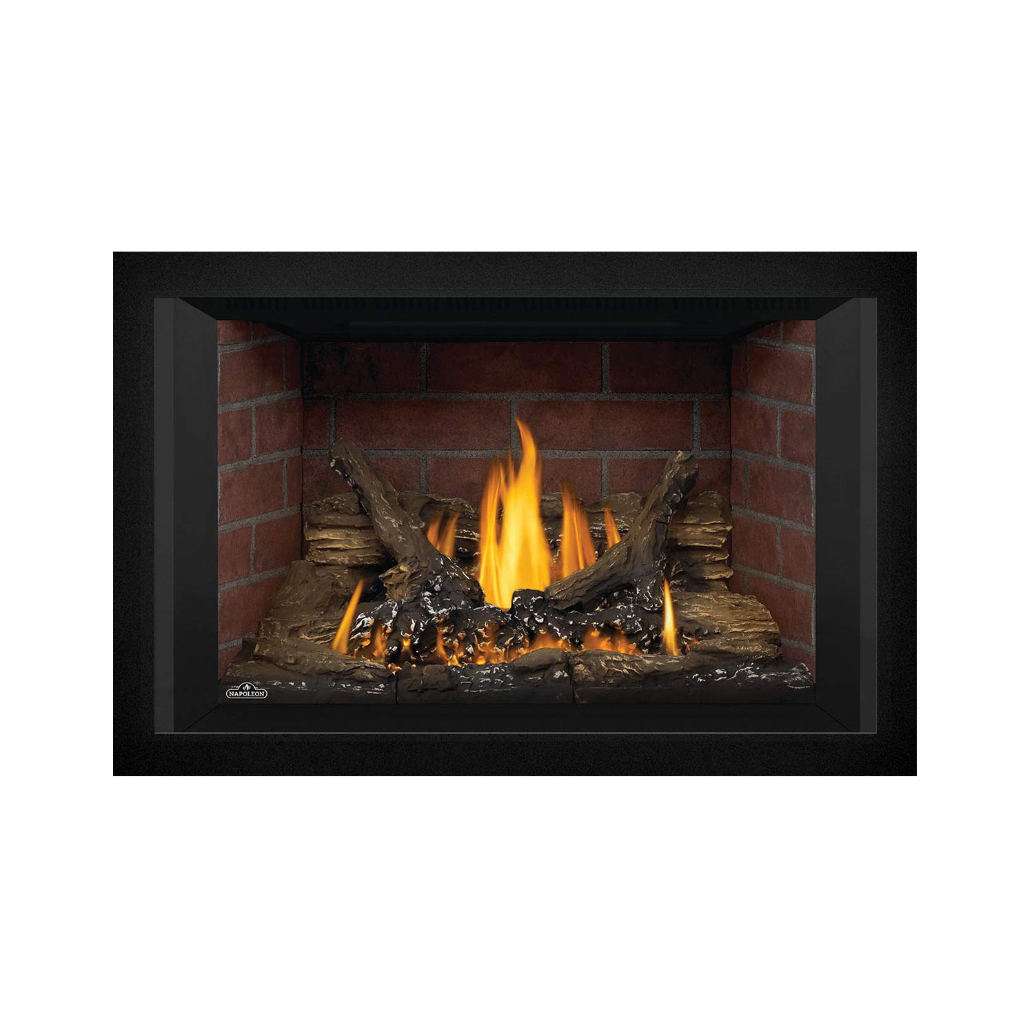 Direct vent gas fireplace insert with black surround and bright flames in firebox