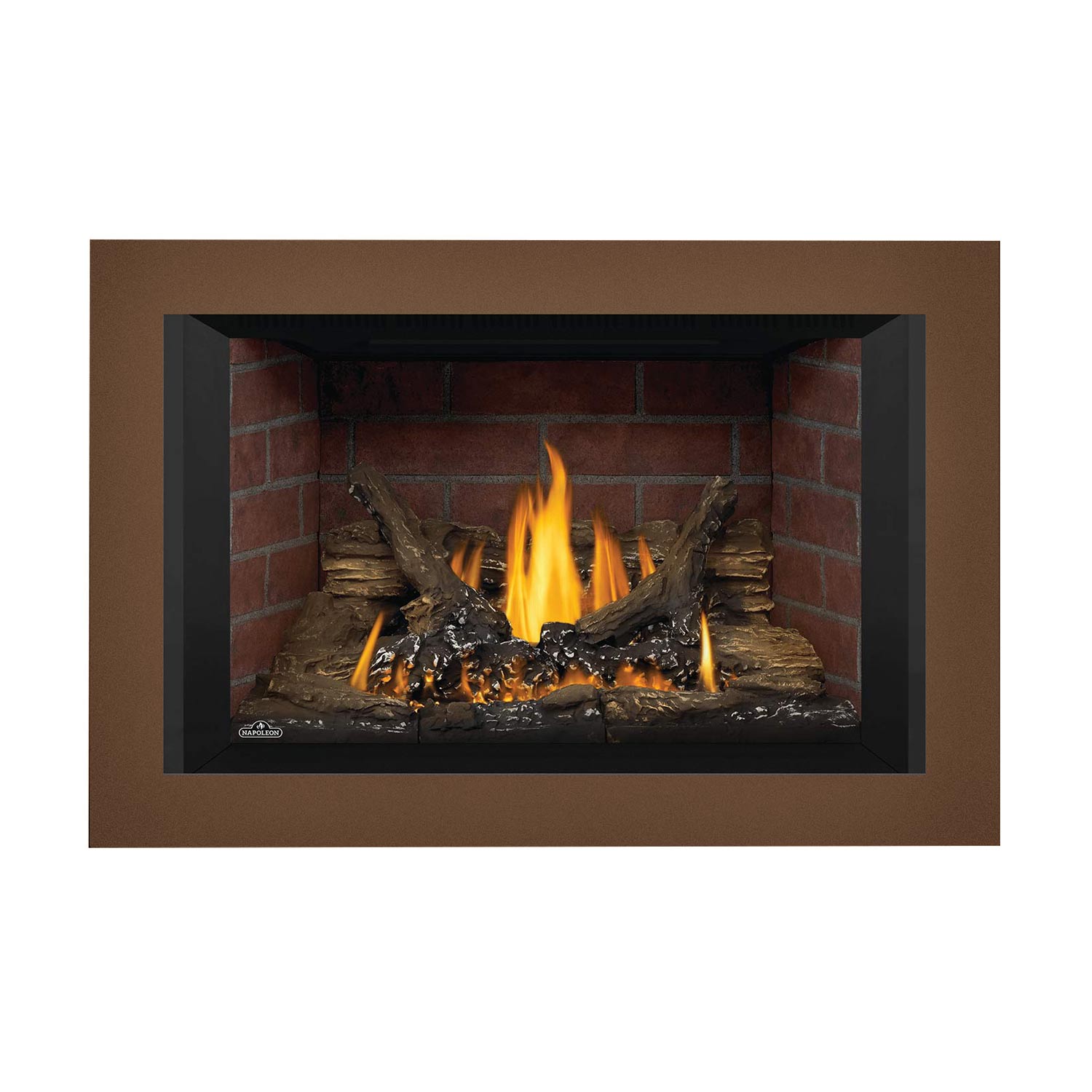 Gas fireplace insert with brown surround, brick interior, burning flames, and log set.