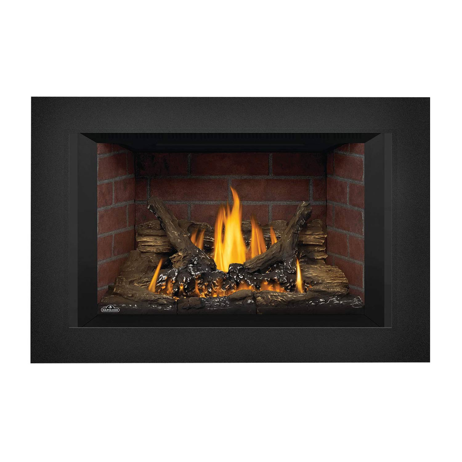 Black gas fireplace insert with brick firebox, logs, and bright yellow flames