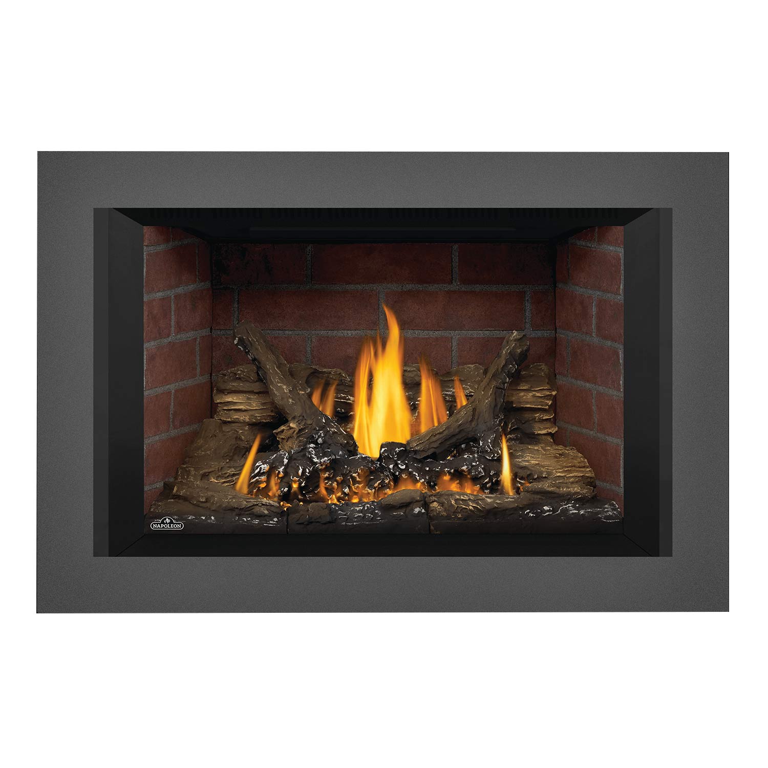 Direct vent gas fireplace insert showing burning flames over logs with brick interior, gray surround