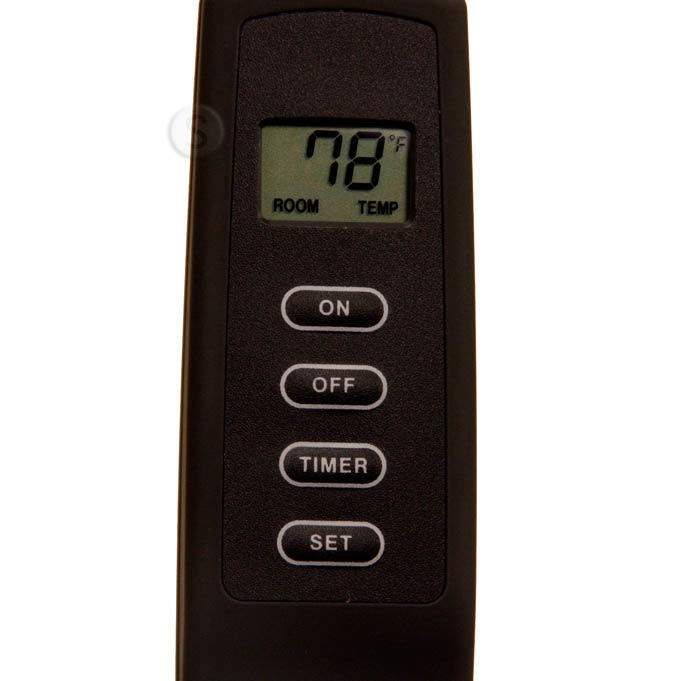Skytech fireplace remote control close-up with ON, OFF, TIMER, and SET buttons