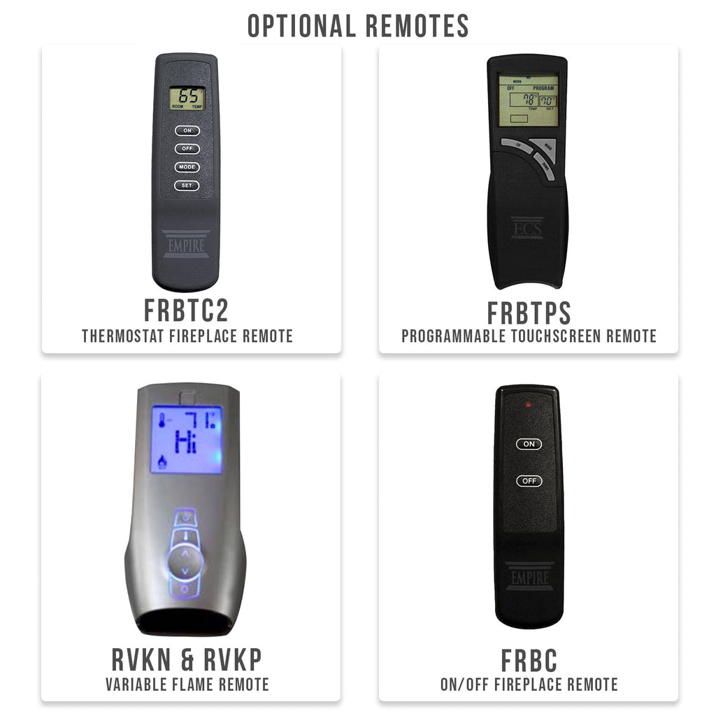 Set of optional fireplace remotes: thermostat, touchscreen, variable flame, and on/off.
