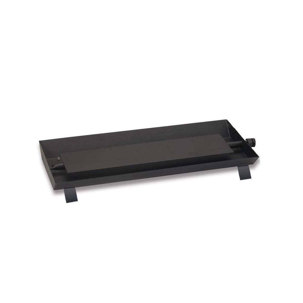 Black vented burner pan with raised sides and four legs with mounting points