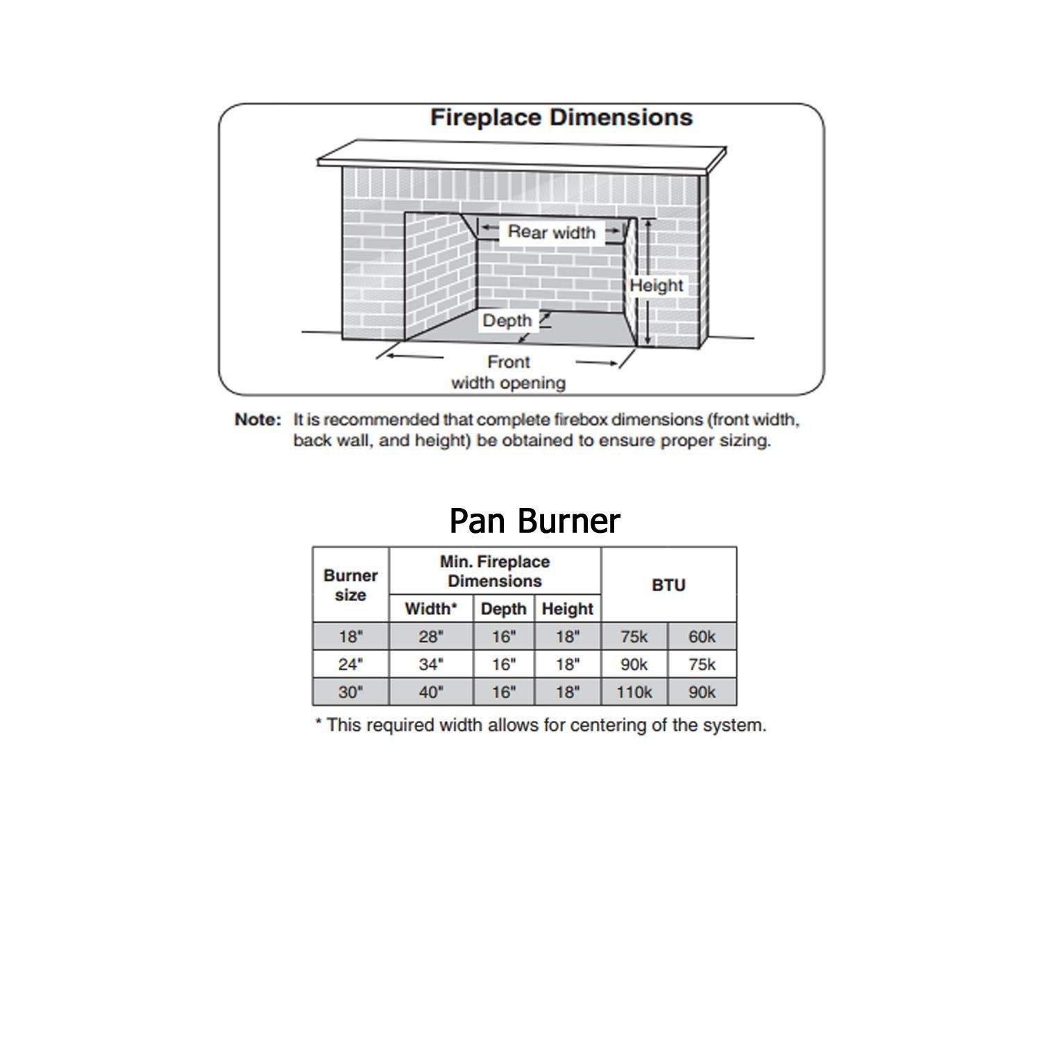 Pan burner fireplace dimension diagram with rear width, depth, and burner size