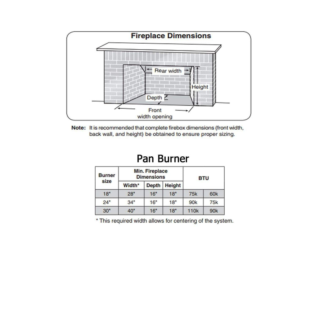 Fireplace dimensions diagram and pan burner table with width, depth, and height measurements