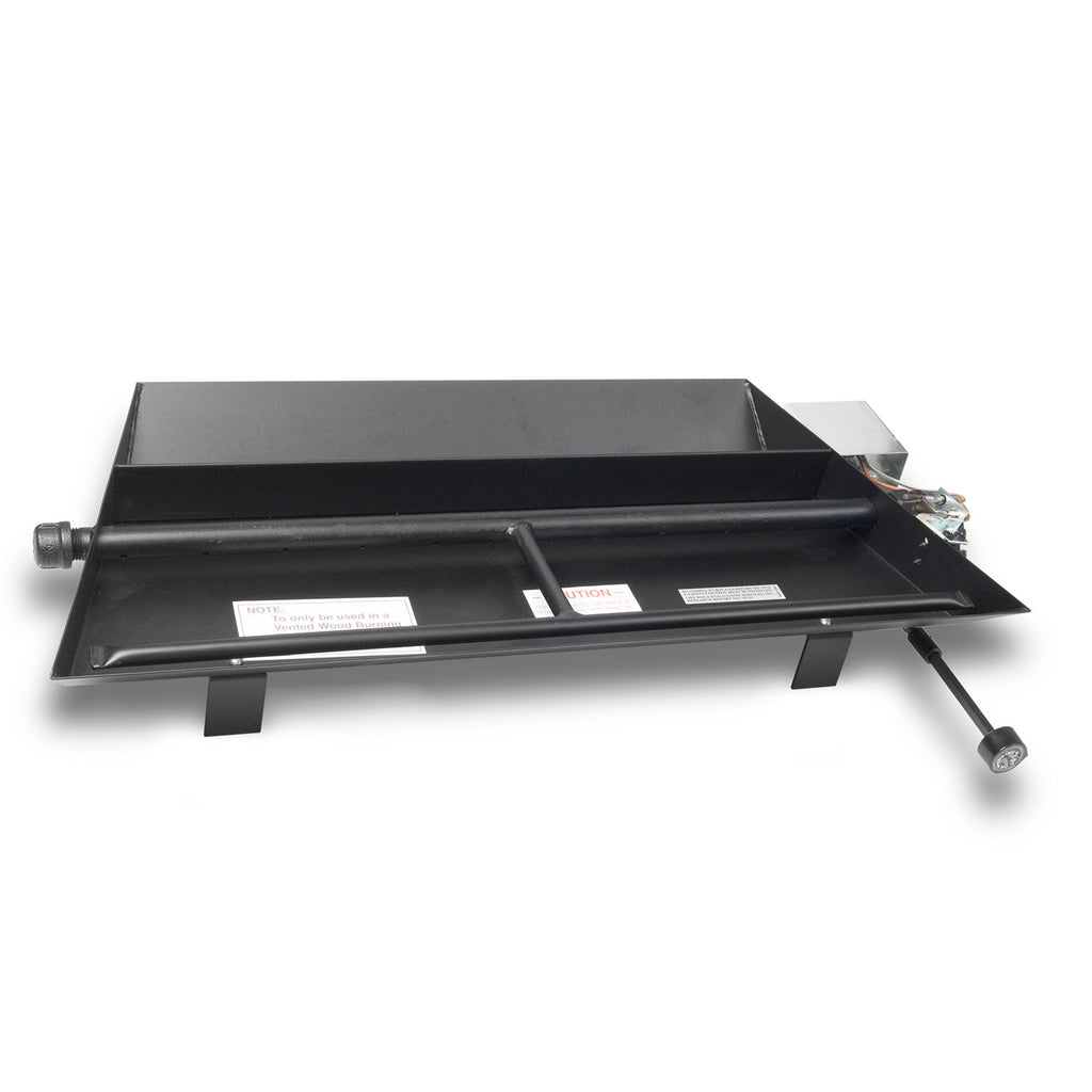 Black vented gas burner tray with control valve and mounting hardware