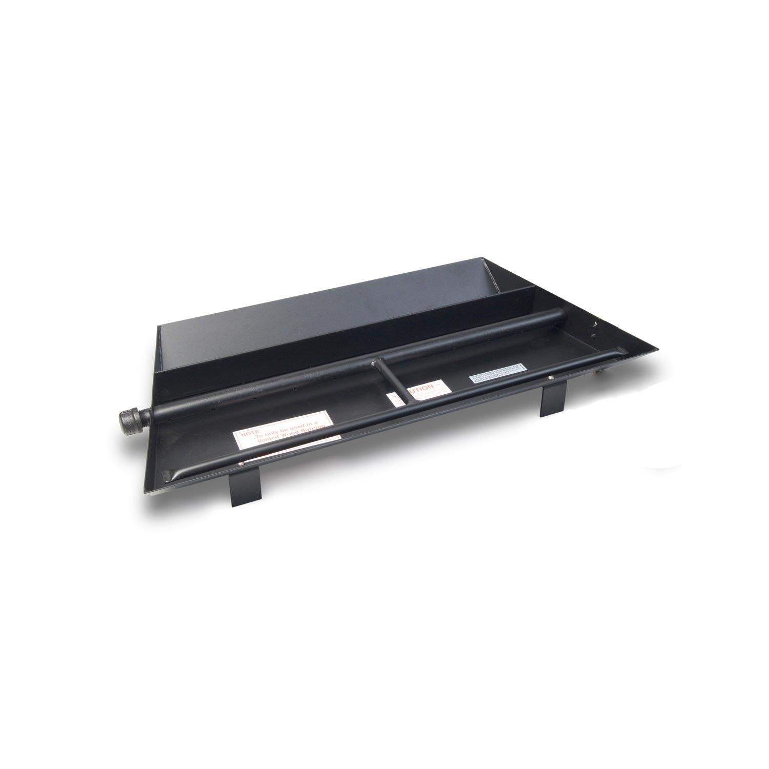 Black vented glass burner tray base with mounting legs and side valve