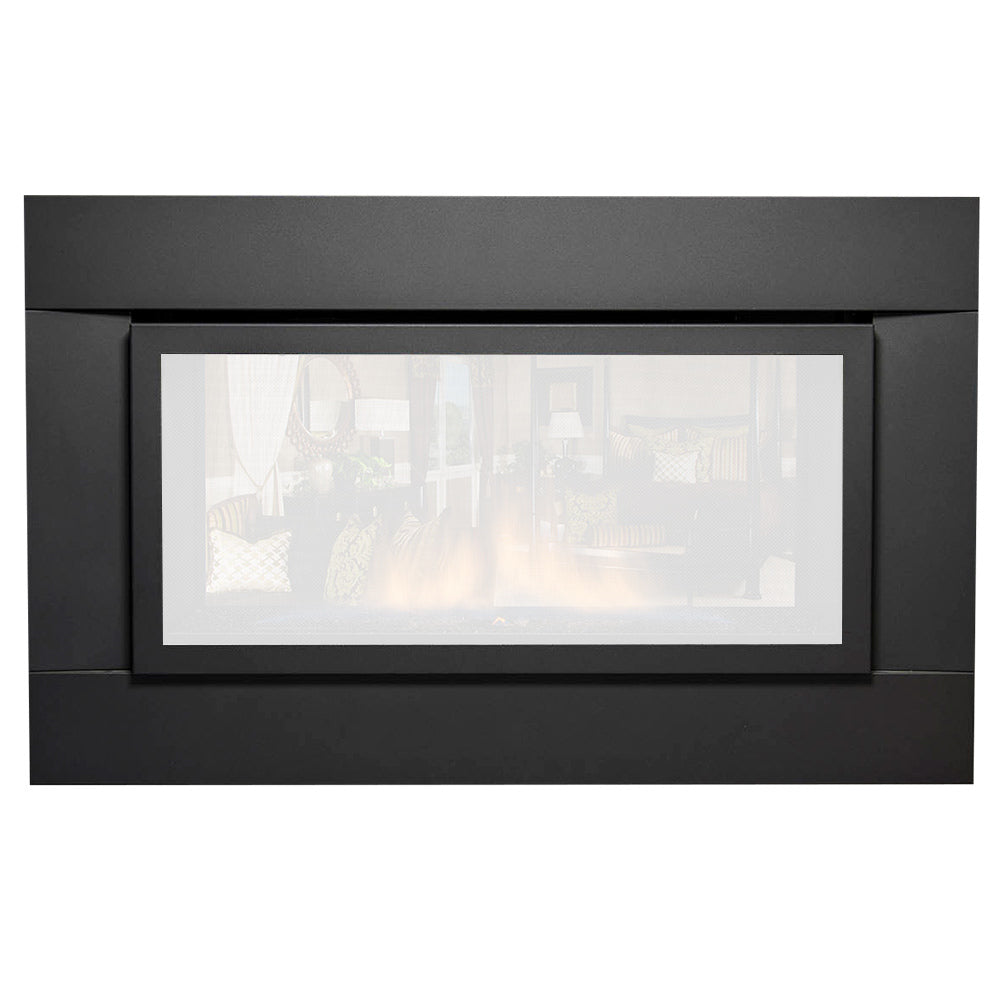 Black fireplace insert surround with rectangular viewing opening, 3-sided frame