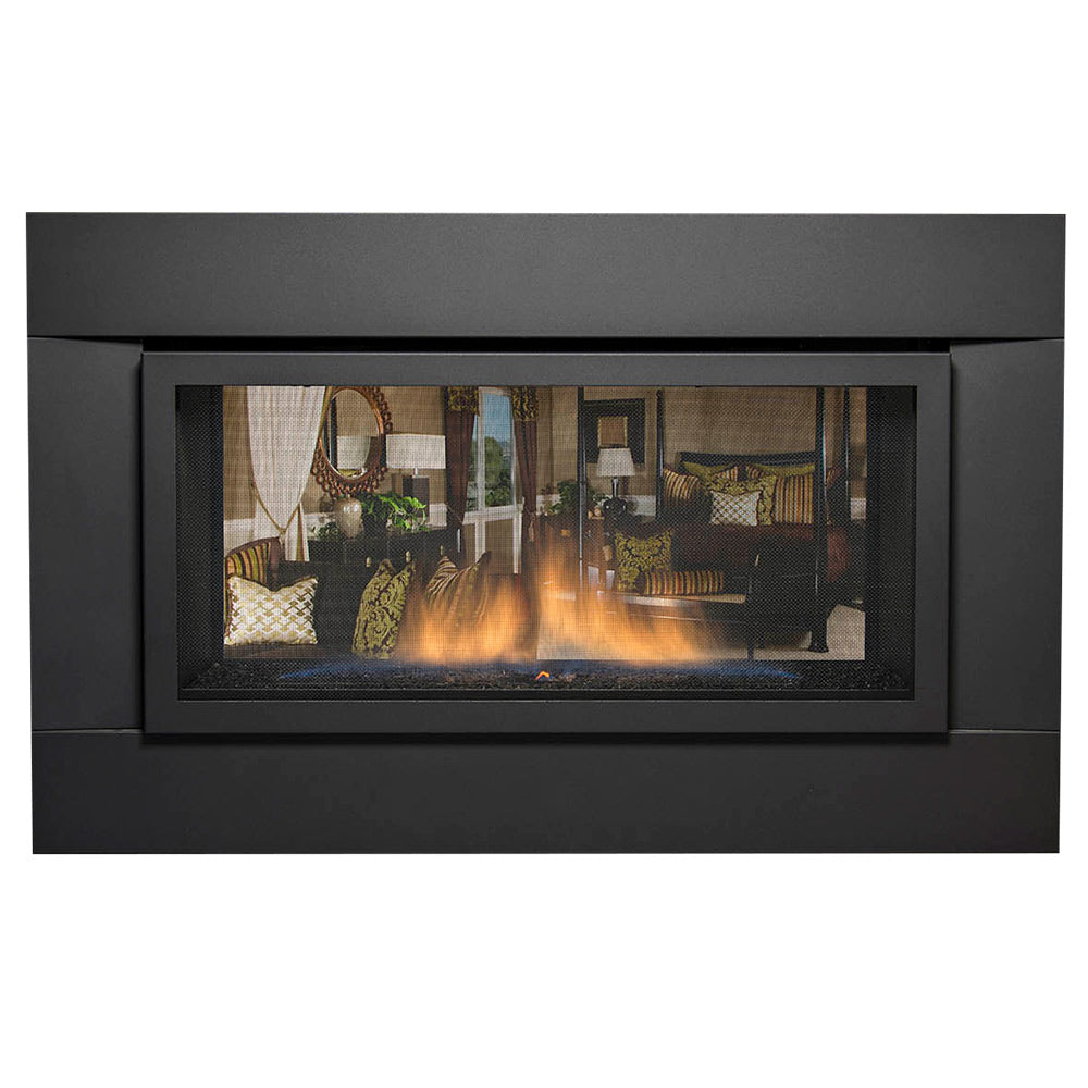 Black surround gas fireplace with glass front and glowing fireglass rock bed
