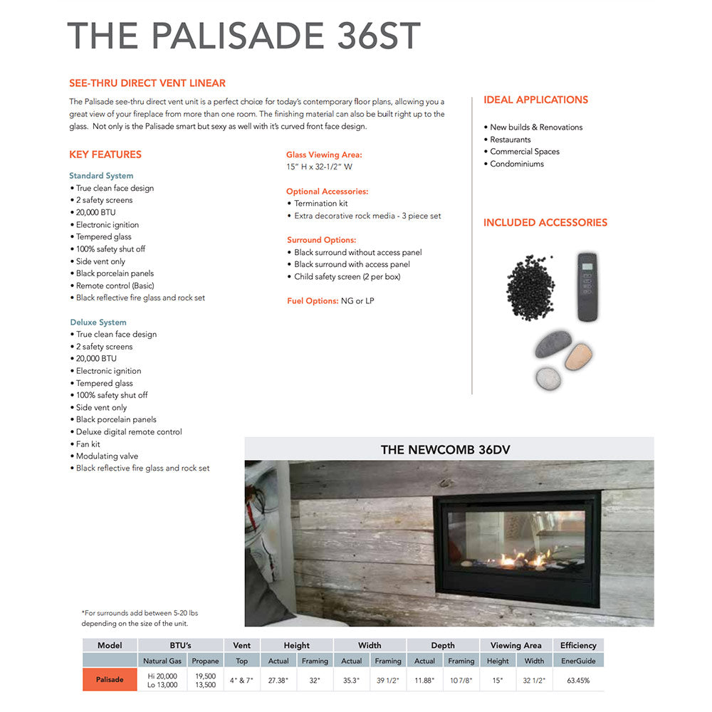 Sierra Flame PALISADE-36 36-Inch Palisade Direct Vent See-Through Built-In Gas Fireplace with Fireglass and Rock Media