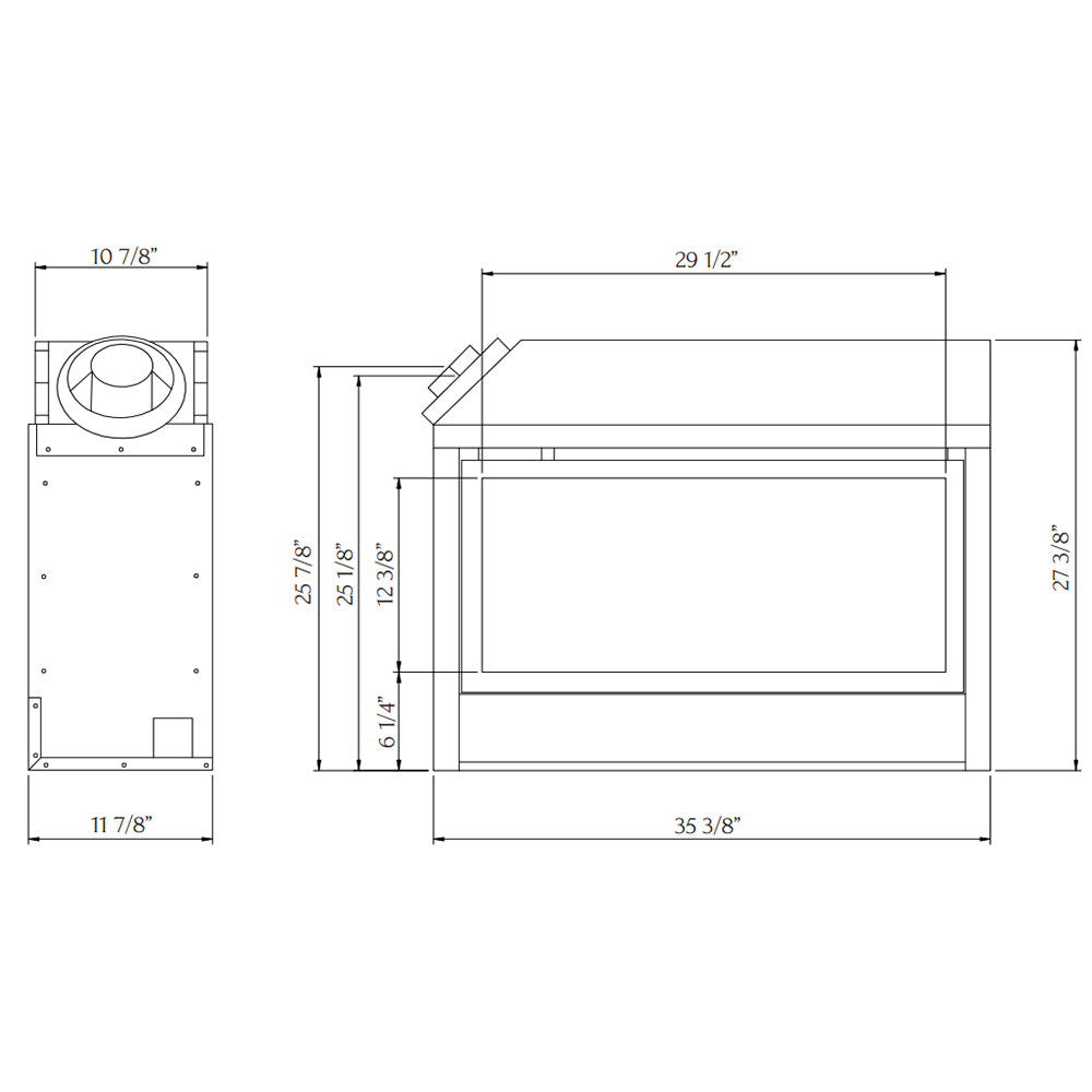 Direct vent gas fireplace insert dimensions diagram, black vented box with flue collar