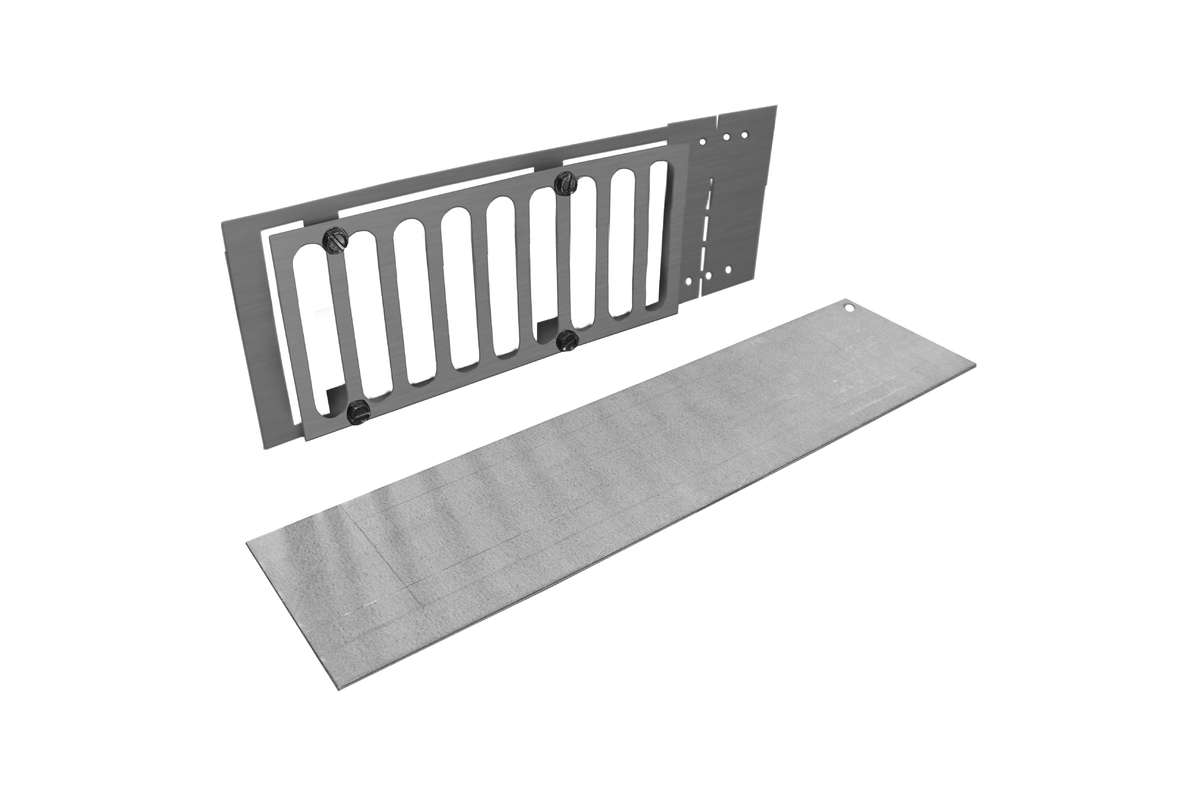 Metal paver vent kit with slotted grate, mounting plate, and lintel, dark gray