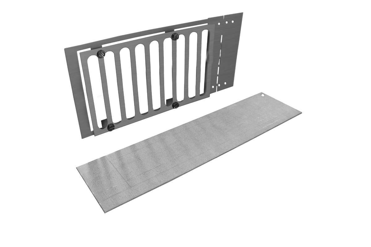 Metal paver vent kit with mounting plate and lintel, rectangular grille with vertical slots