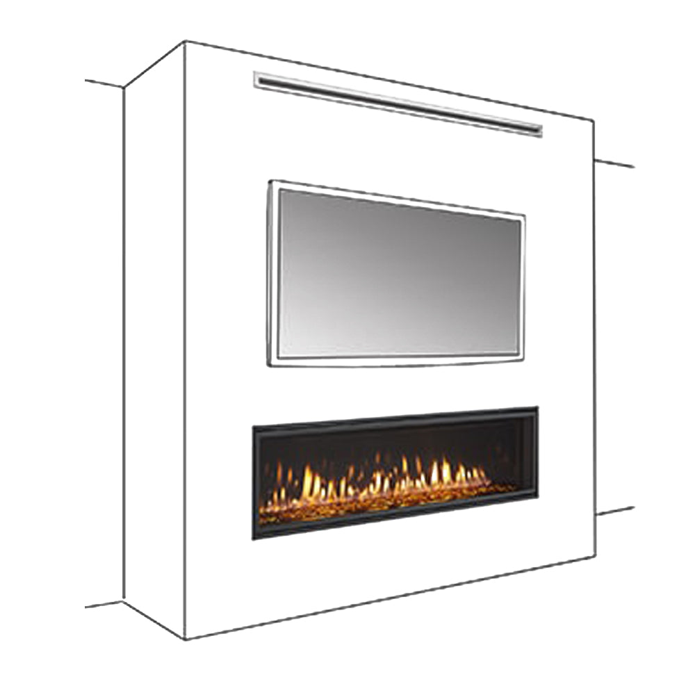 Wall-mounted fireplace insert with viewing glass and metal trim frame