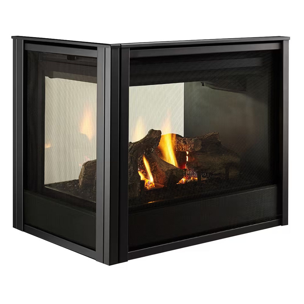 Black multi-sided gas fireplace with glass panels and glowing fire logs