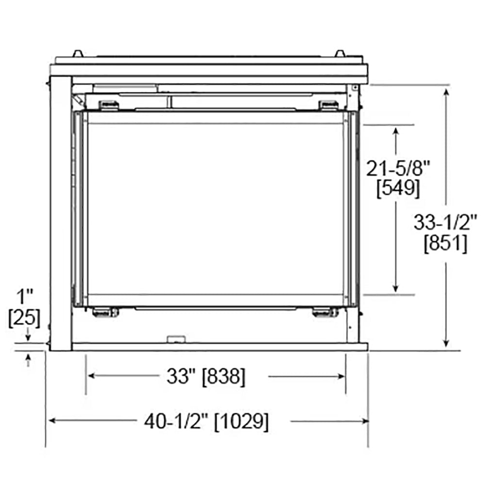 Front view of multi-sided gas fireplace with labeled height and width dimensions