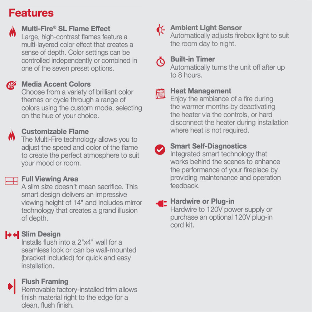 Built-in electric fireplace features infographic with flame and heat management notes