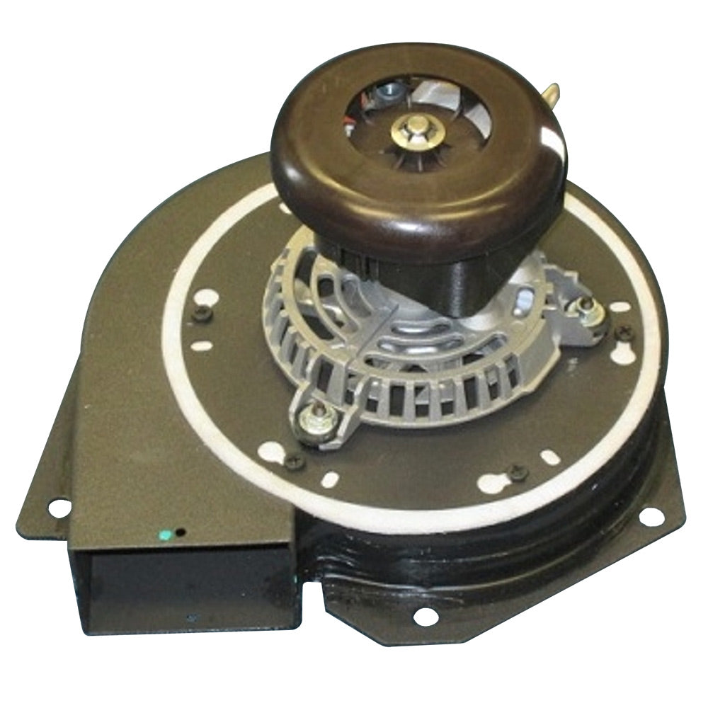 Exhaust combustion blower with round fan housing and metal mounting plate