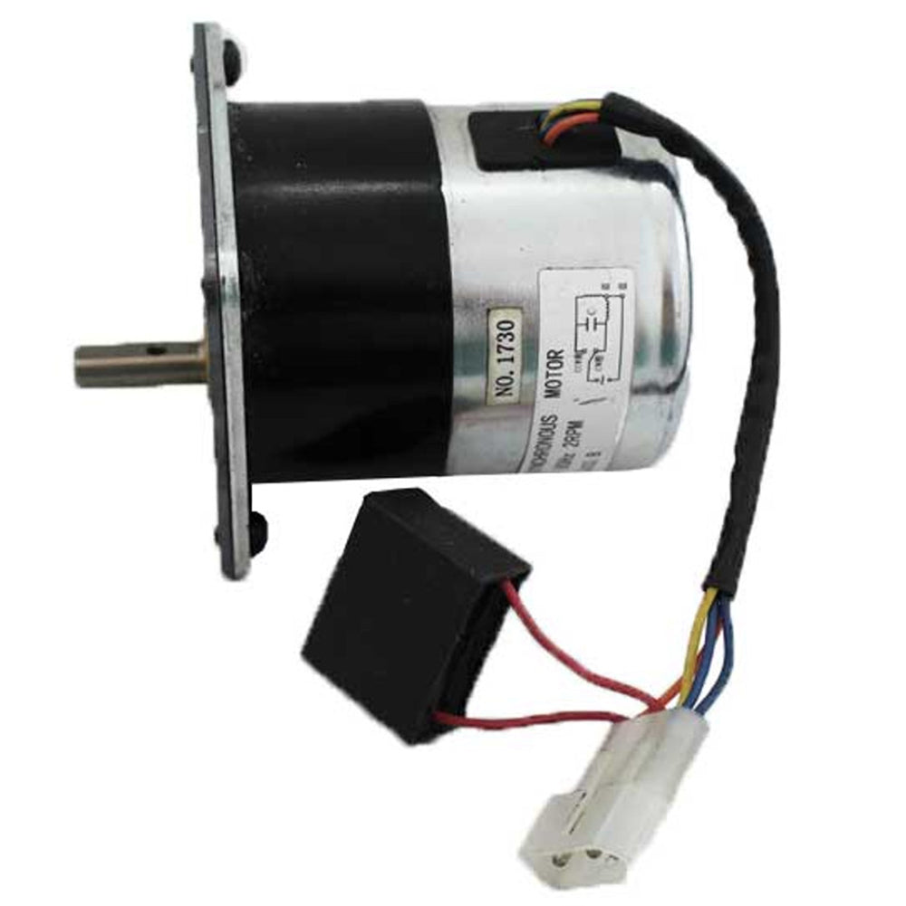 Replacement feed motor for pellet feeder, cylindrical motor housing with wiring harness