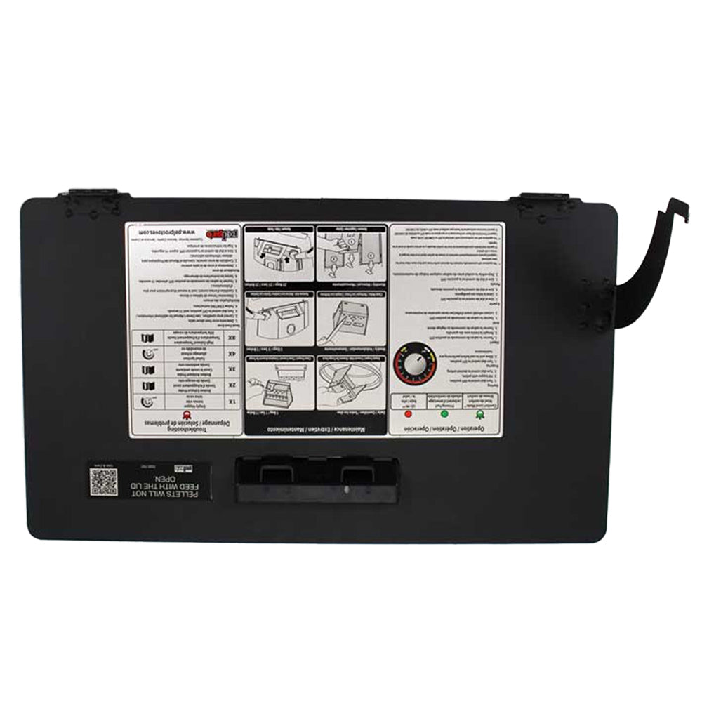 PelPro replacement hopper lid assembly, black back with instruction label and release latch