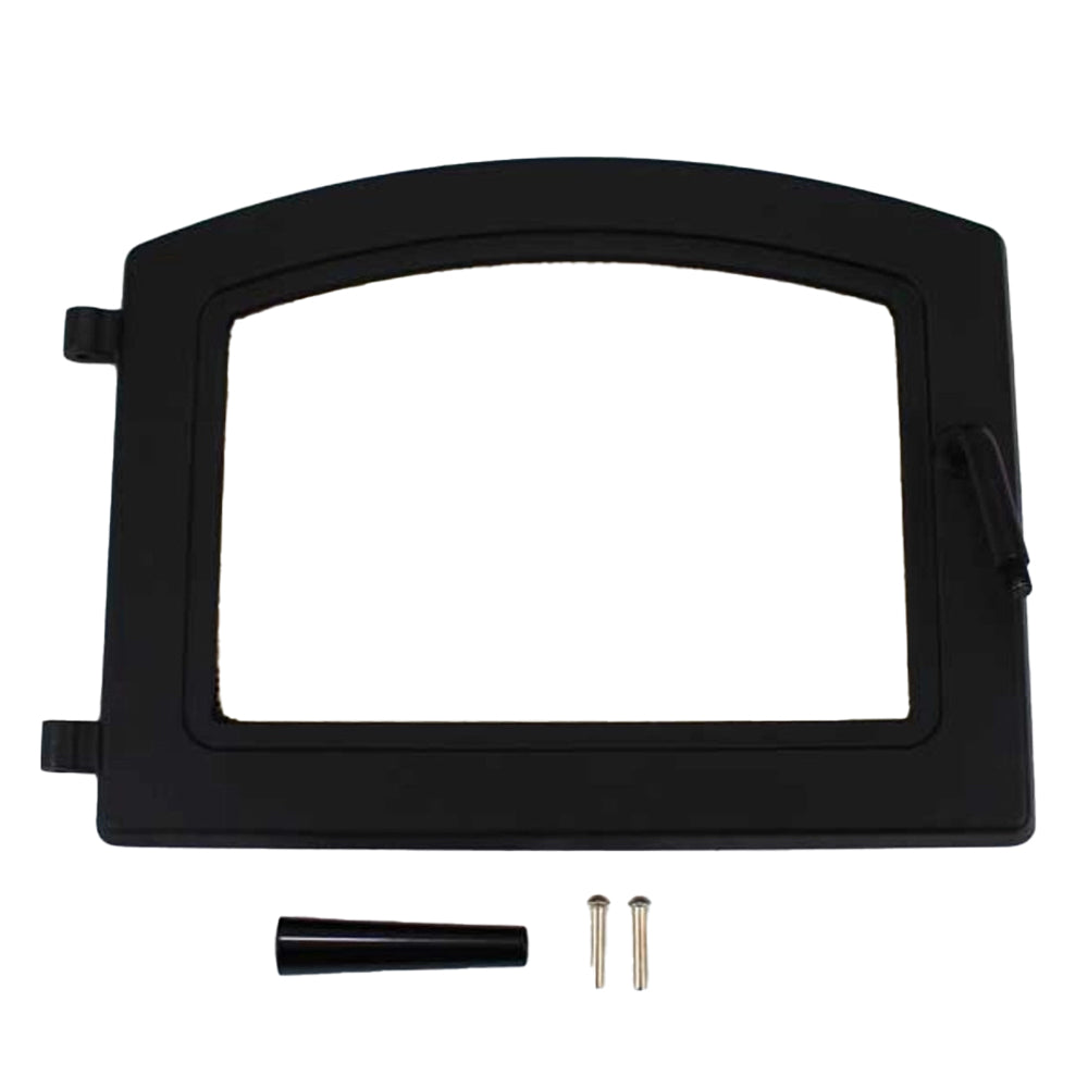 PelPro replacement stove door assembly with rectangular window frame and mounting bolts