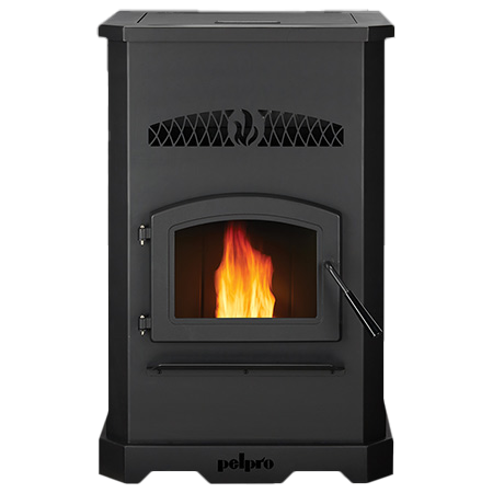 PelPro pellet stove front view with arched glass window and burning fire