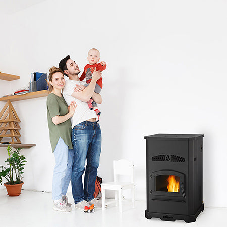 PelPro pellet stove with front glass door and visible flame, black finish