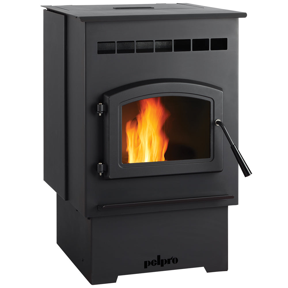Black pellet stove with flames visible in the front glass door