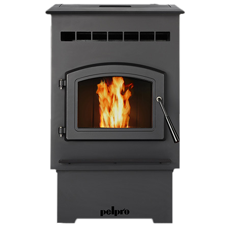 Black pellet stove with burning fire through the front viewing door