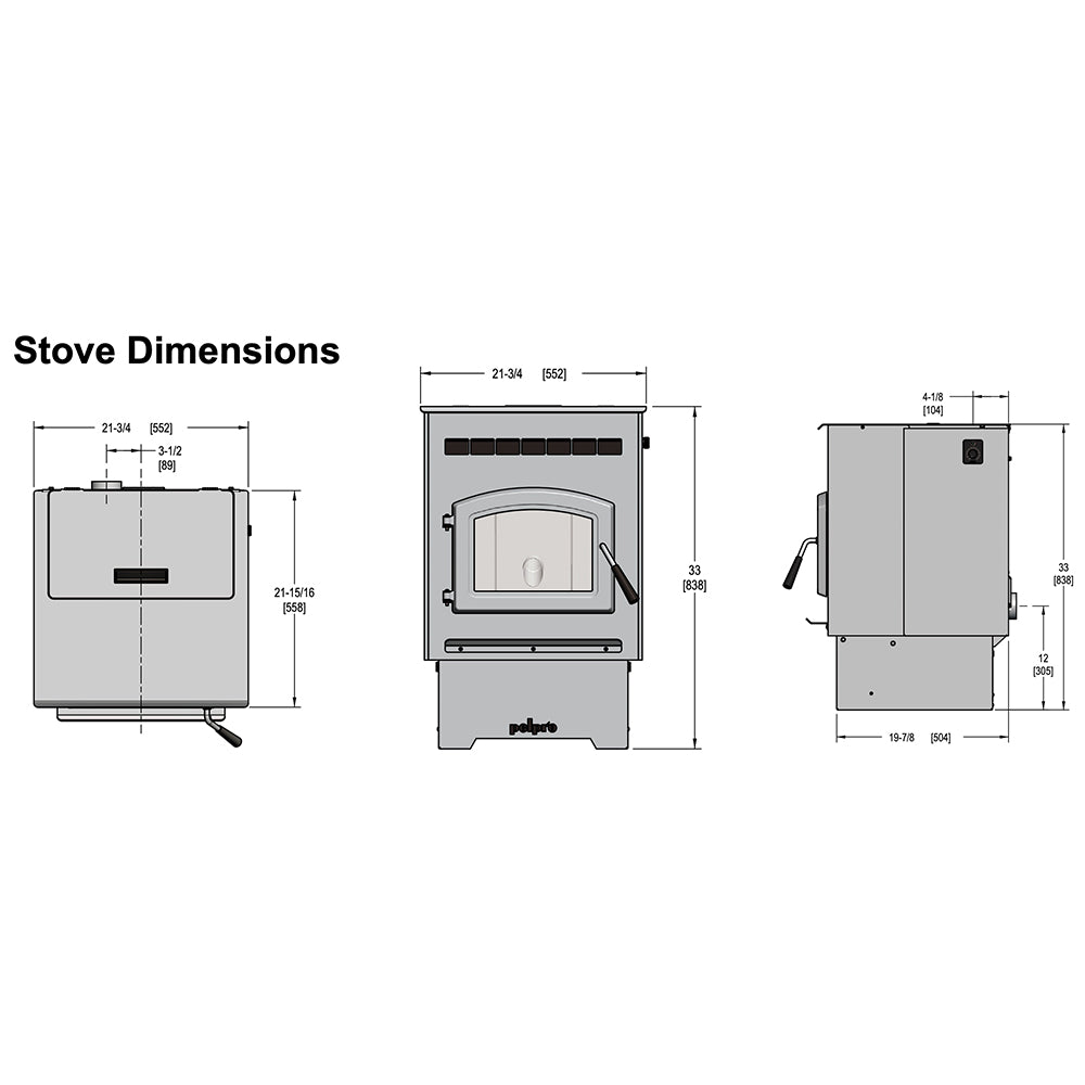 Pellet stove dimensions diagram with front, side, and top measurements