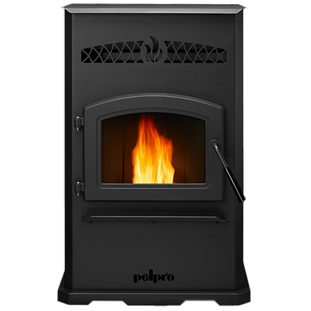 PelPro black pellet stove with viewing door and burning flame